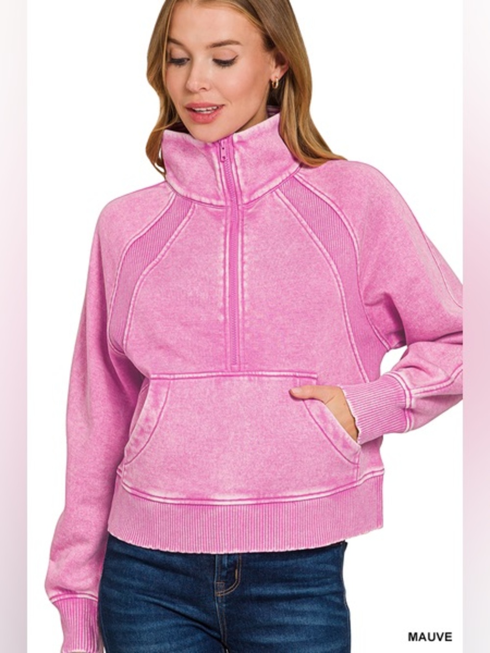 Zenana Outfitters Pink Half-Zip Pullover